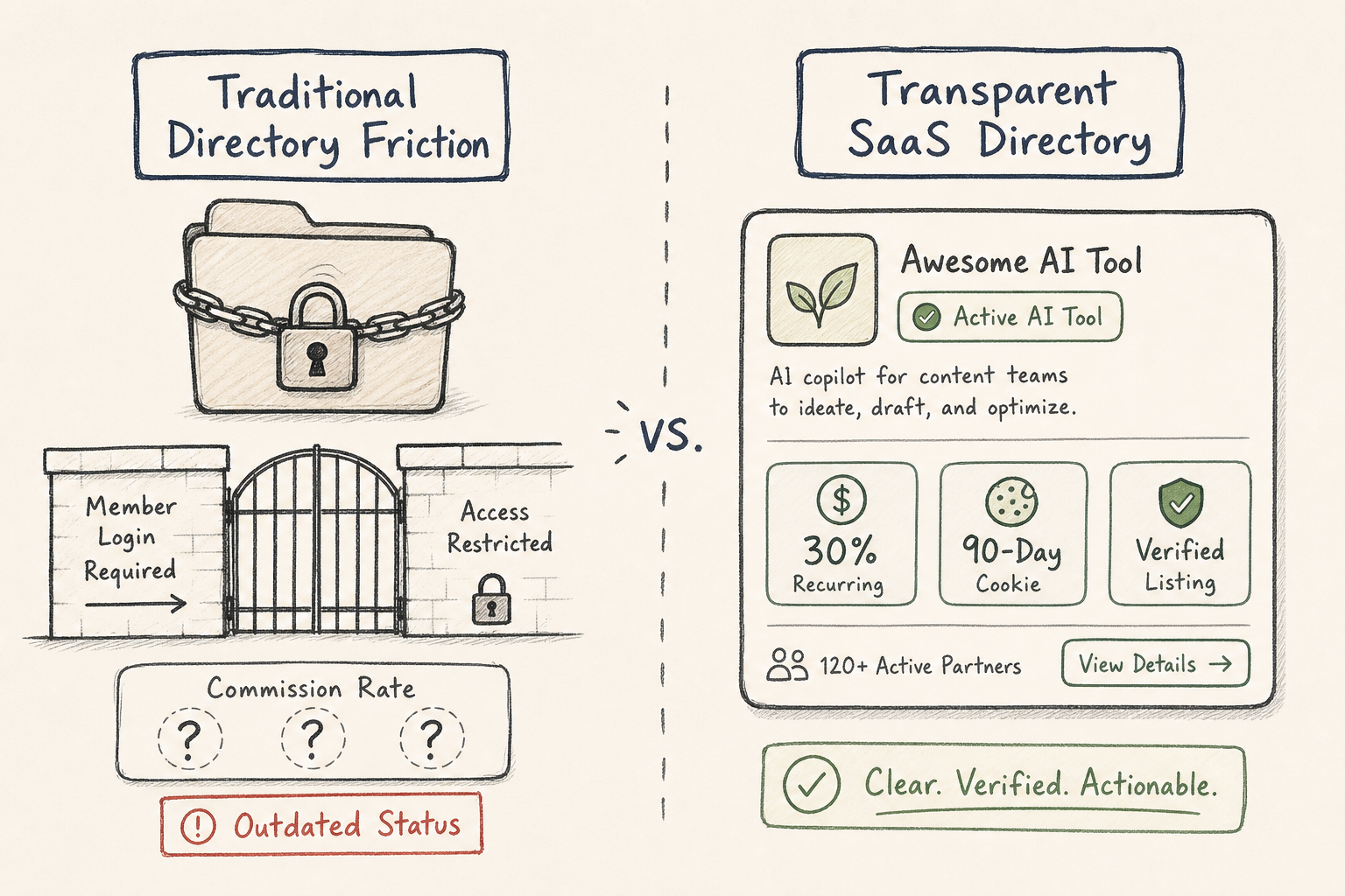 Comparison diagram showing gated traditional directories versus open transparent SaaS affiliate directories.