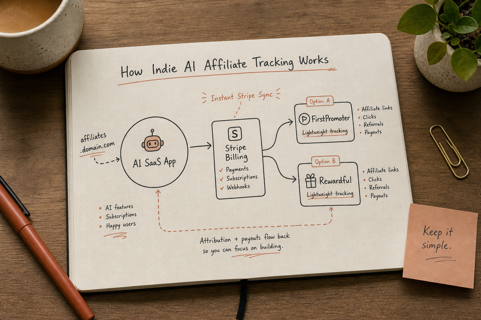 Notebook sketch illustrating indie SaaS affiliate tracking architecture via Stripe, FirstPromoter, and Rewardful.