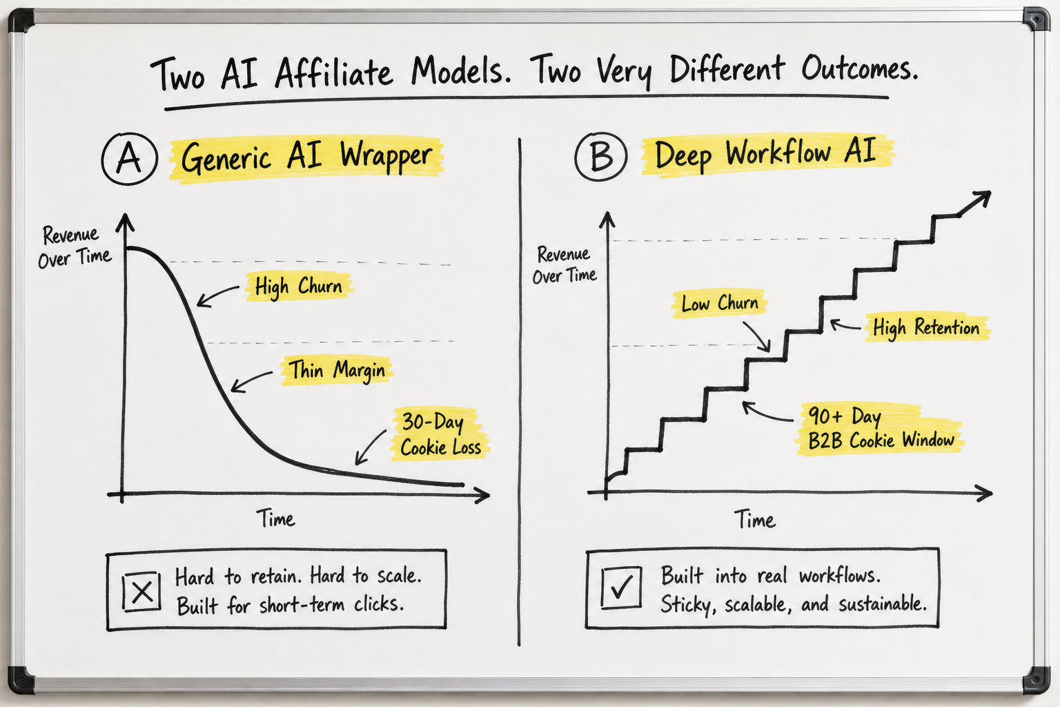 Whiteboard chart contrasting high-churn generic AI wrappers against steady recurring revenue from workflow-integrated AI tool