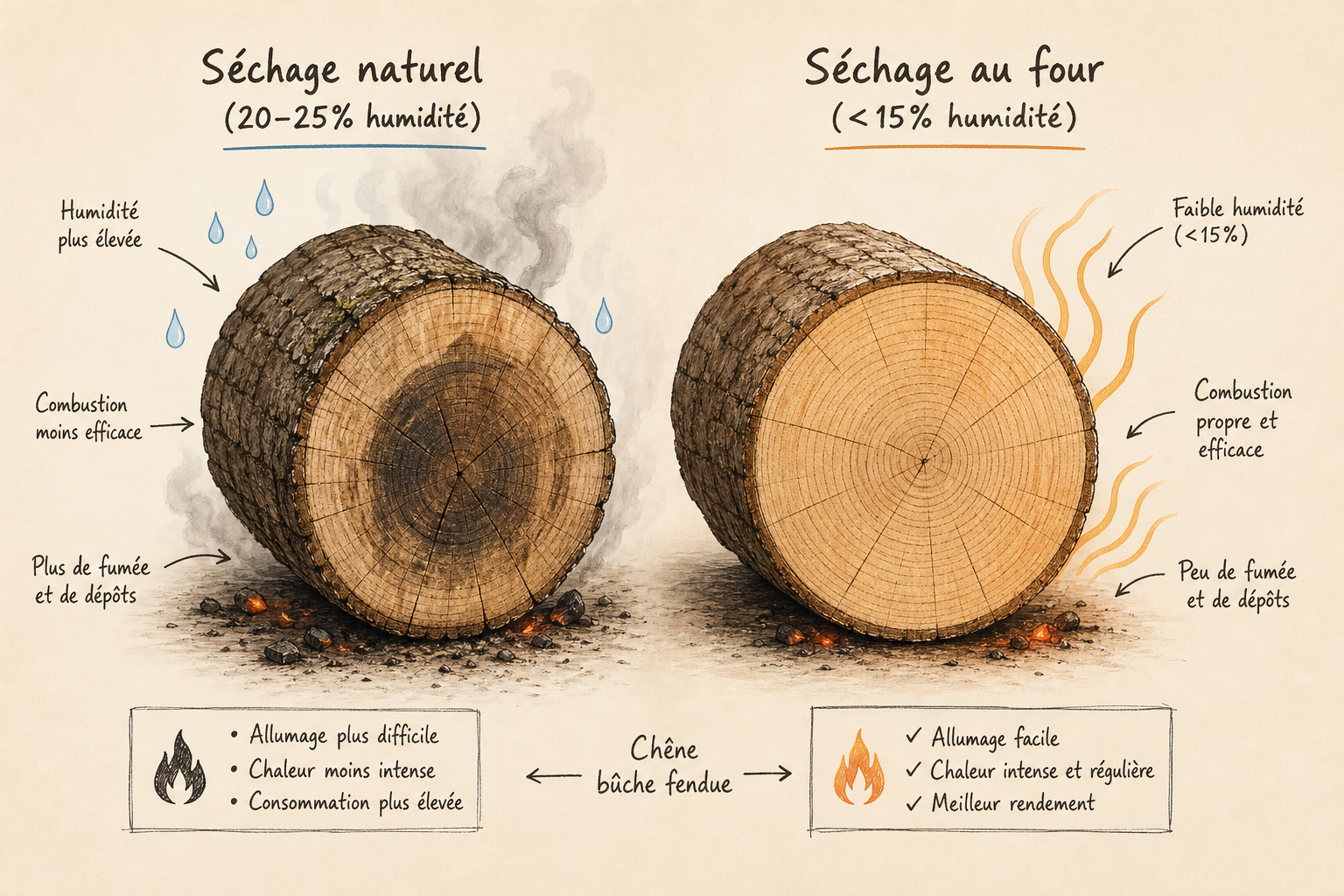 Ddm bois de chauffage vs SimplyFeu pour l'achat de bûches 2 Schéma comparatif entre le séchage naturel et le séchage au four du bois de chêne.
