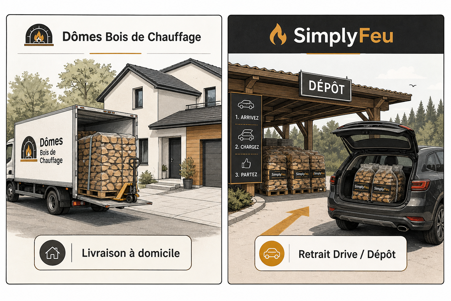 Ddm bois de chauffage vs SimplyFeu pour l'achat de bûches 3 Comparaison logistique entre la livraison de palette à domicile et le retrait en drive de bois de chauffage.