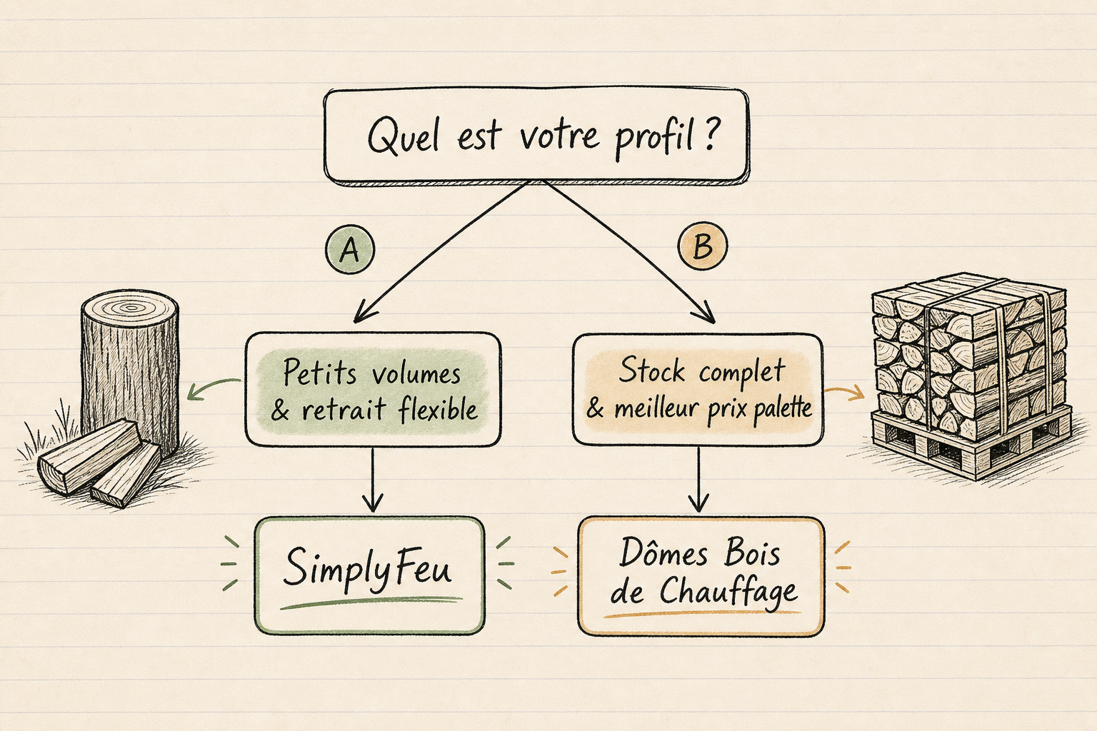 Ddm bois de chauffage vs SimplyFeu pour l'achat de bûches 4 Arbre de décision pour choisir son fournisseur de bois de chauffage selon ses besoins de stockage et de budget.
