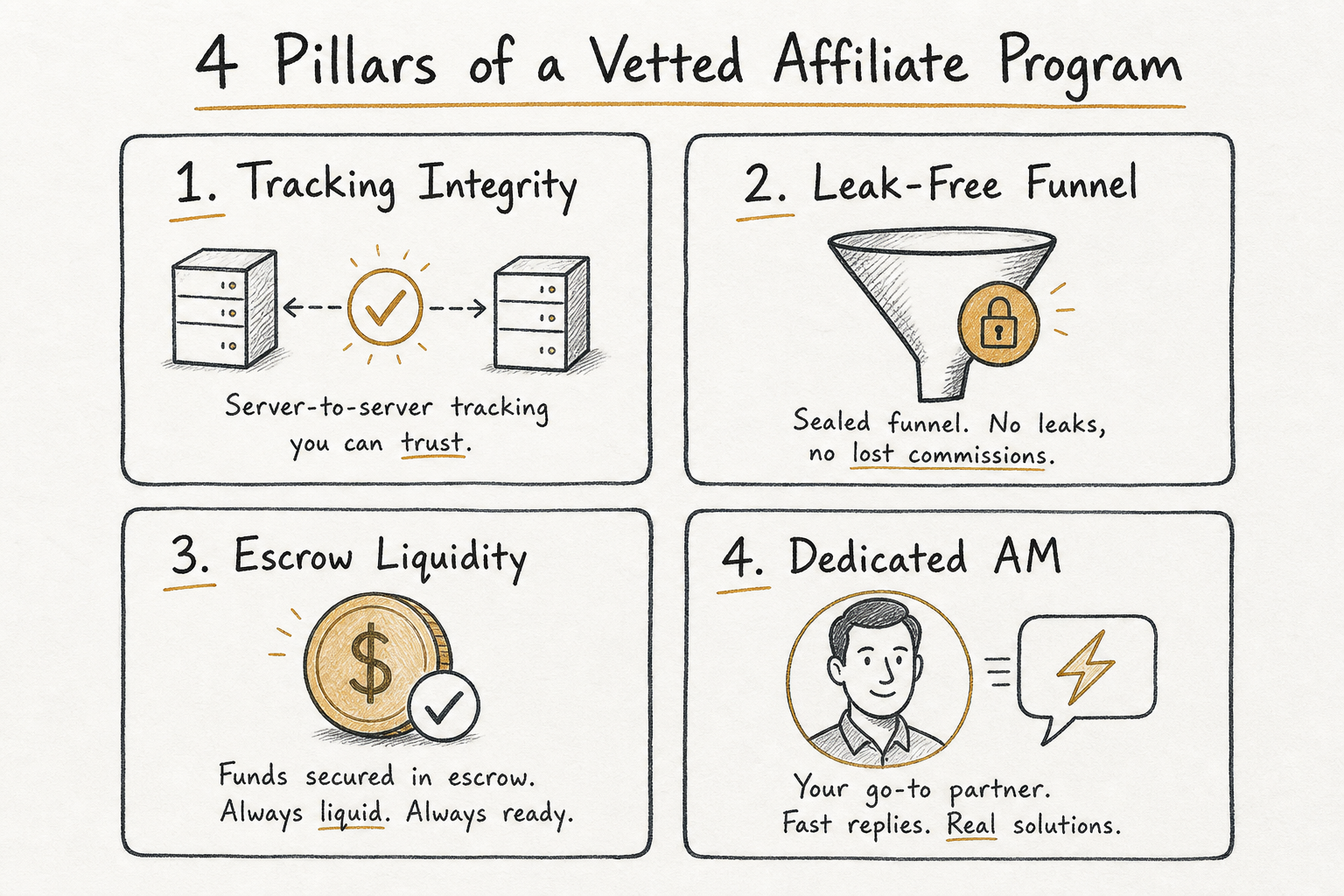 Diagram showing the four pillars of a vetted affiliate program: tracking integrity, leak-free funnels, verified liquidity, an