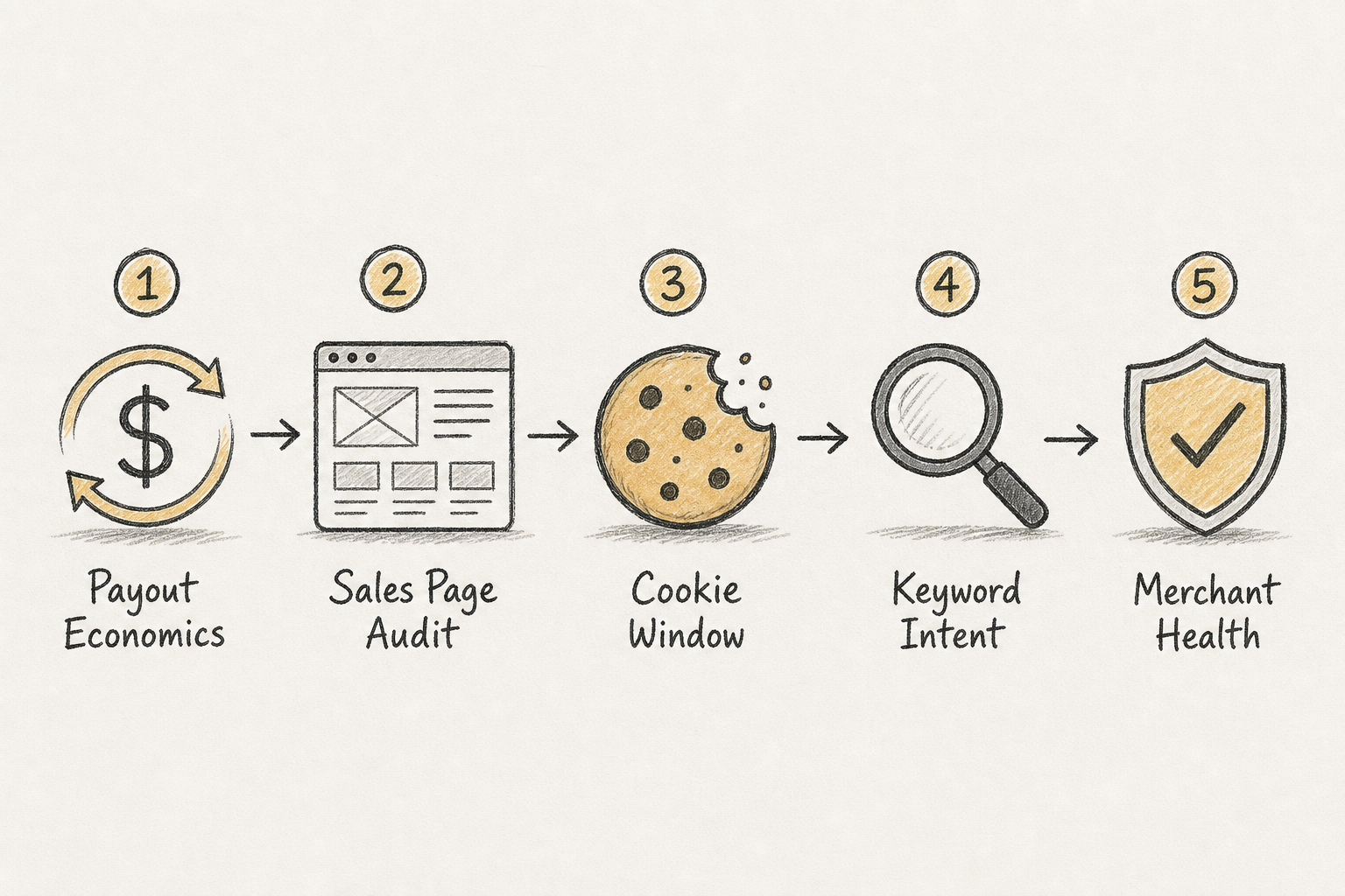 Step-by-step hand-drawn roadmap showing the 5-step evaluation process for affiliate products.