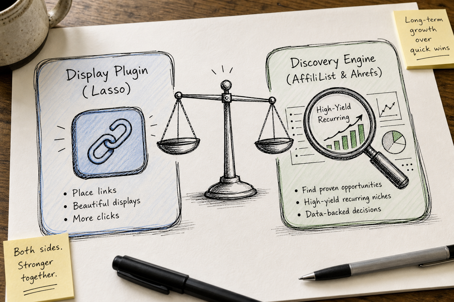 Conceptual sketch comparing link display plugins with affiliate product discovery engines.