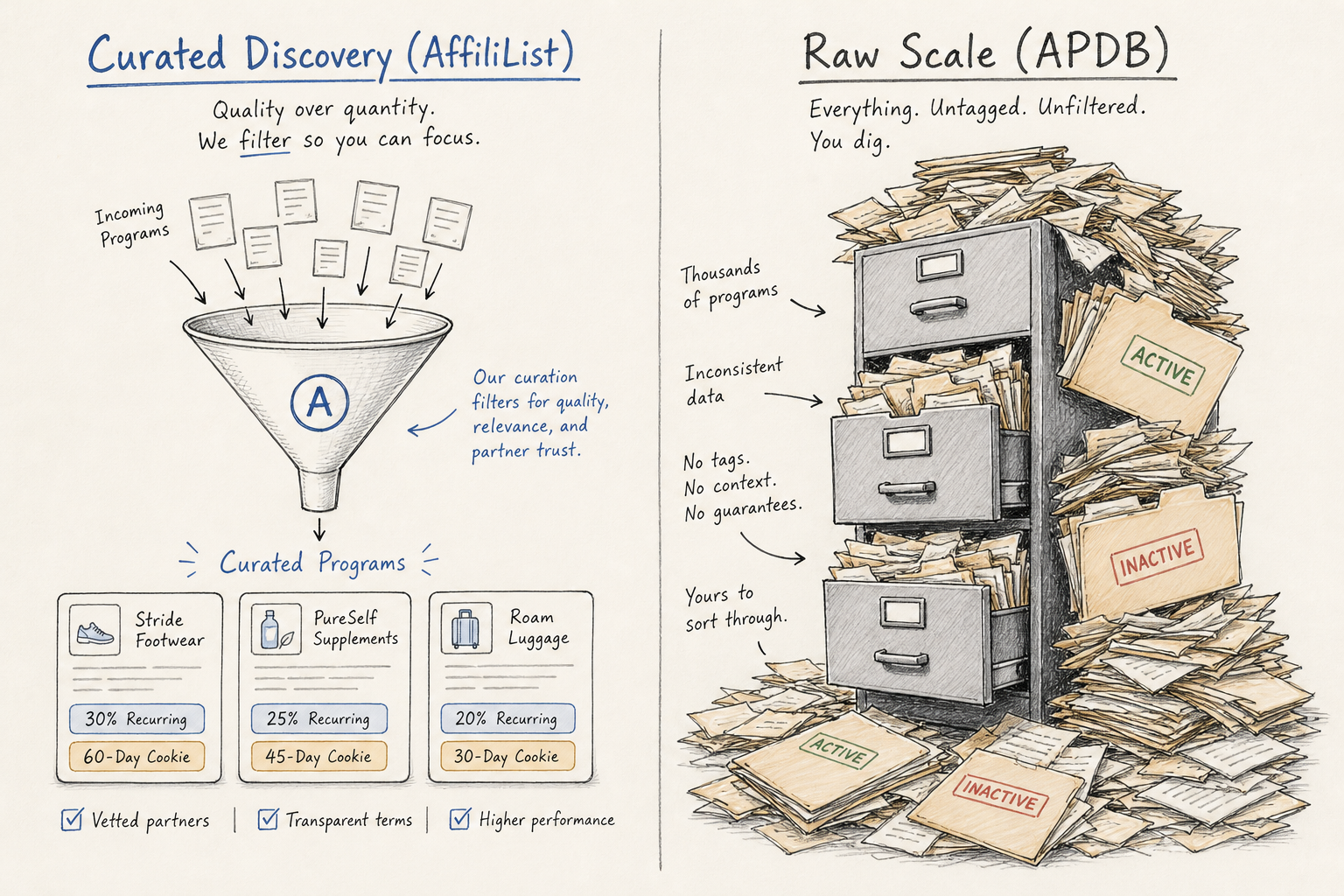 Conceptual comparison diagram showing a curated vetted affiliate funnel versus an encyclopedic raw database.