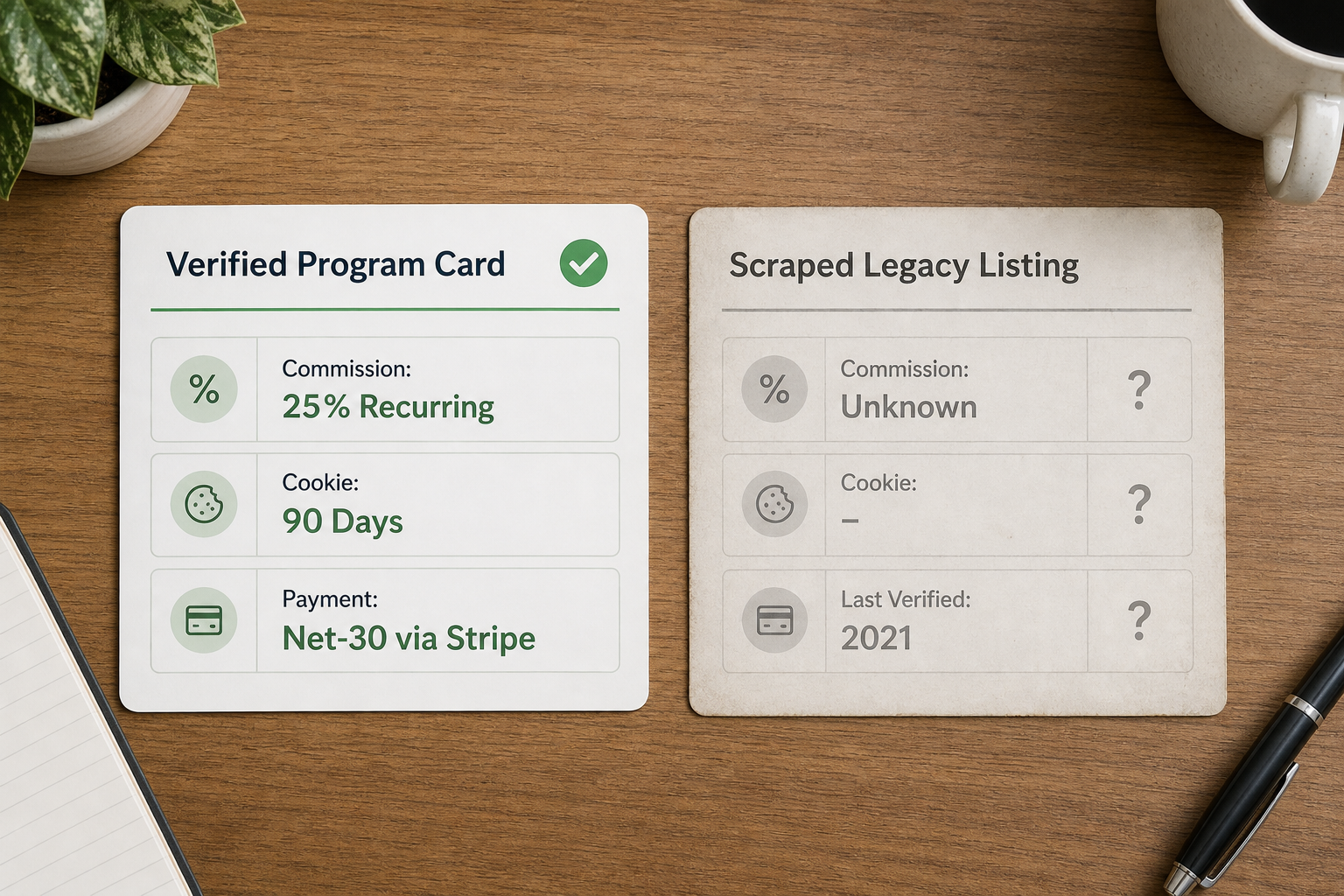 Side-by-side comparison of a transparent affiliate program card with clear payout metrics versus an incomplete listing.