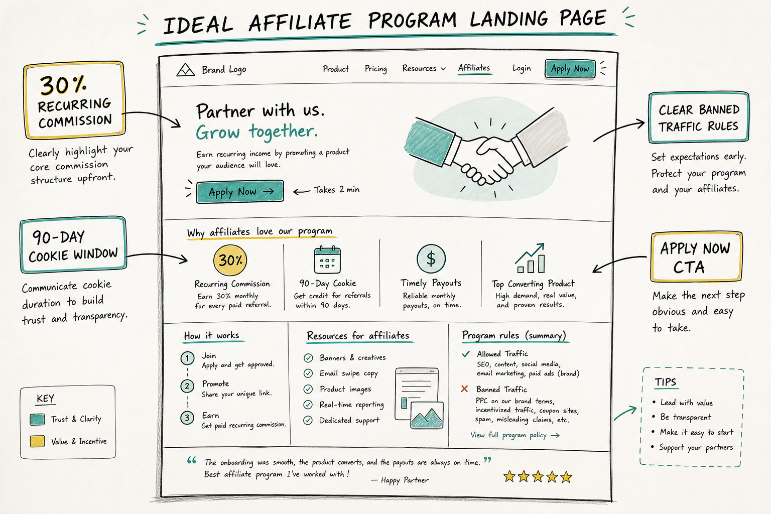 Hand-drawn whiteboard breakdown of key elements on a high-converting affiliate landing page.