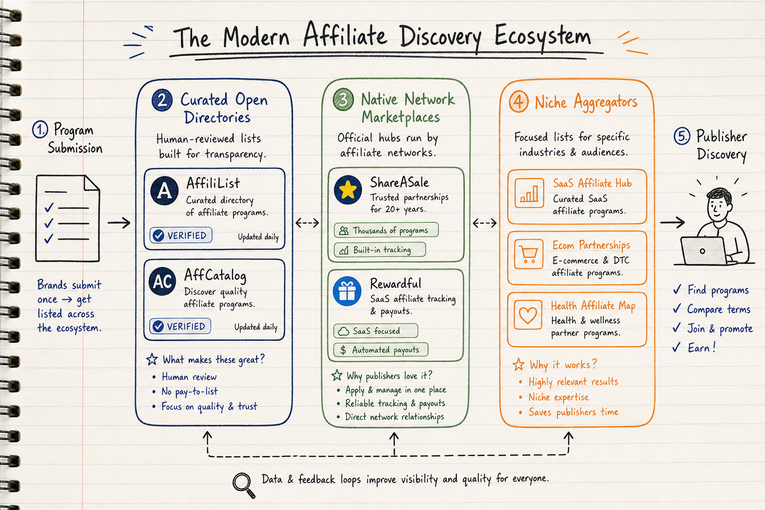 Diagram mapping out the modern affiliate directory ecosystem including open directories and native marketplaces.