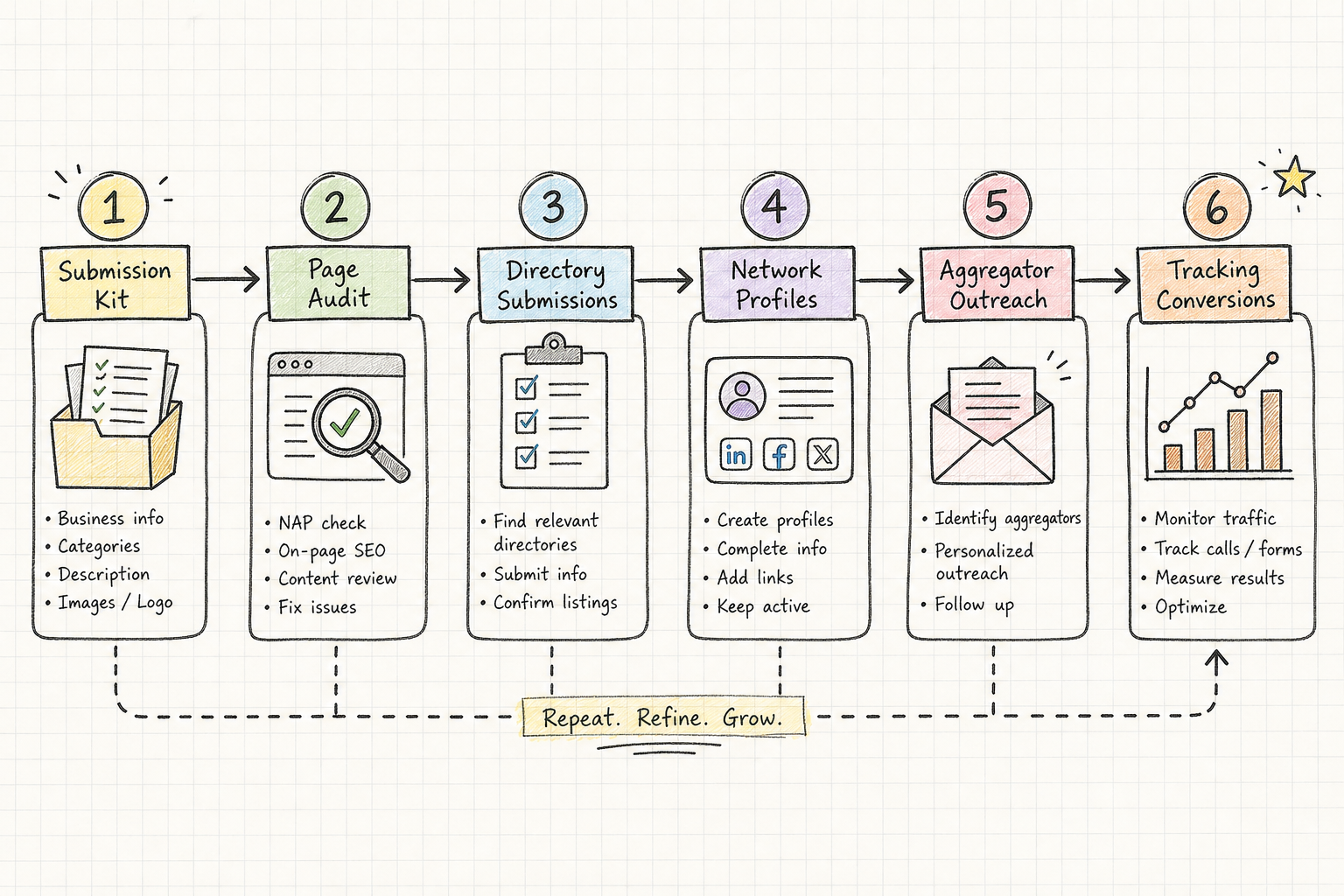 Hand-drawn step-by-step flowchart showing the directory submission and onboarding execution process.