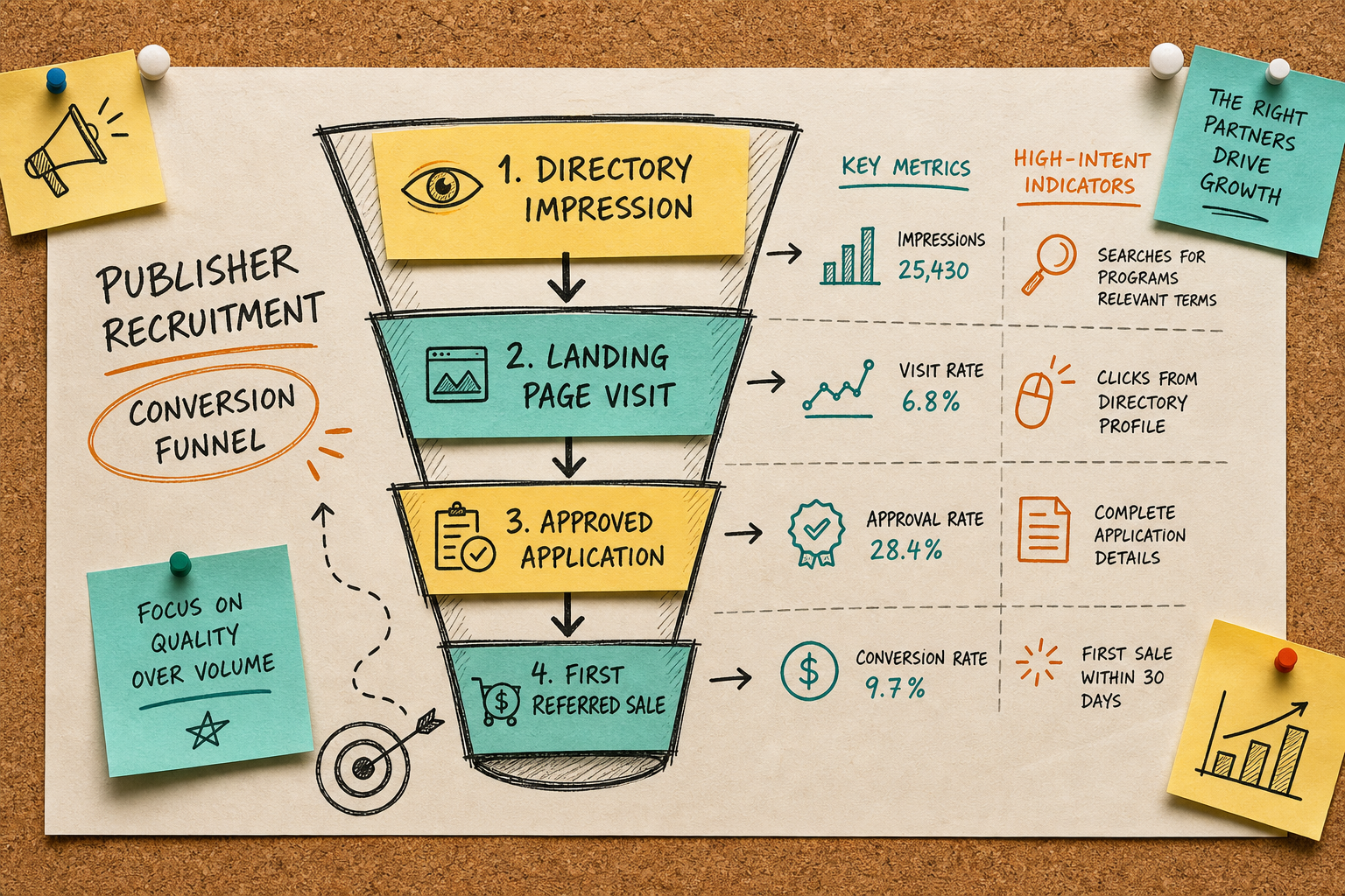 Visual sketch of the publisher recruitment funnel showing steps from directory discovery to first sale.