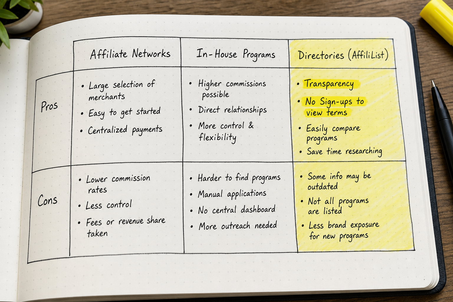 Comparison table of affiliate networks, in-house programs, and directories