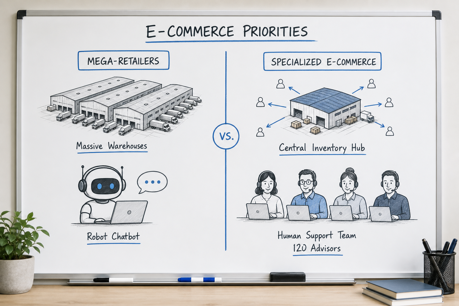 Tableau comparatif des priorités e-commerce entre logistique massive et support humain