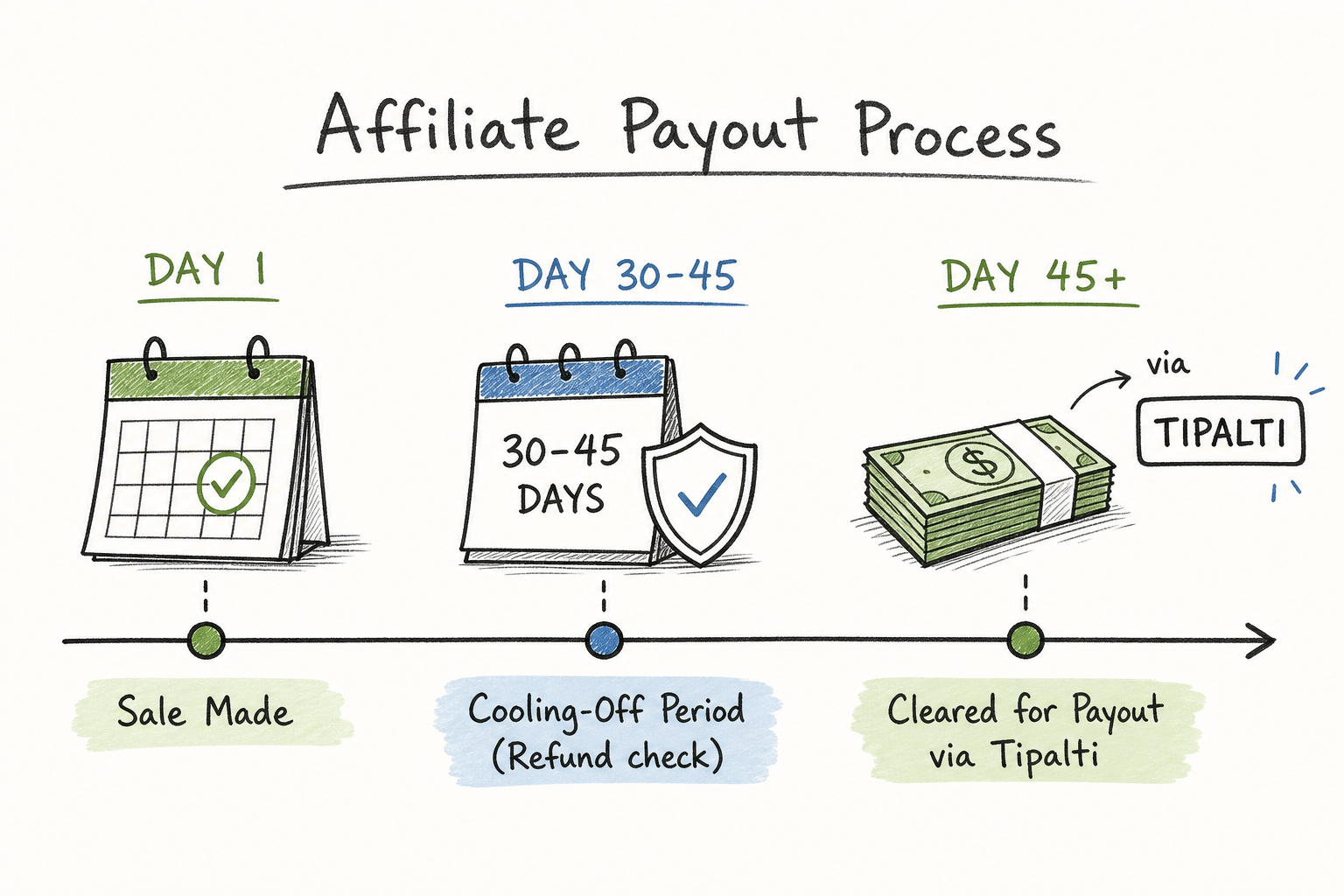 Timeline graphic detailing the ClickFunnels affiliate payout schedule and cooling-off period.