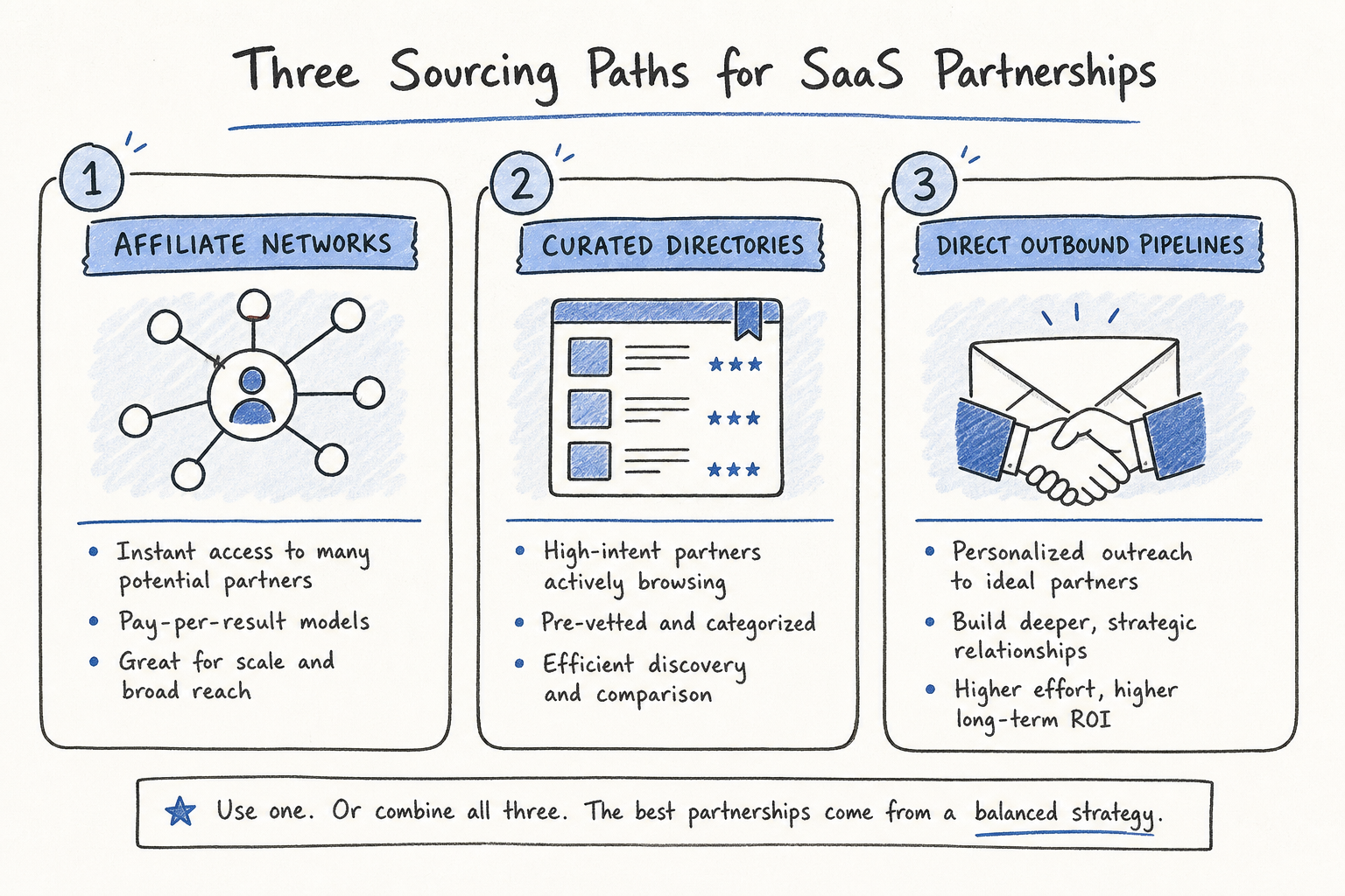 Diagram showing three discovery channels for finding SaaS partners: networks, directories, and direct outreach.