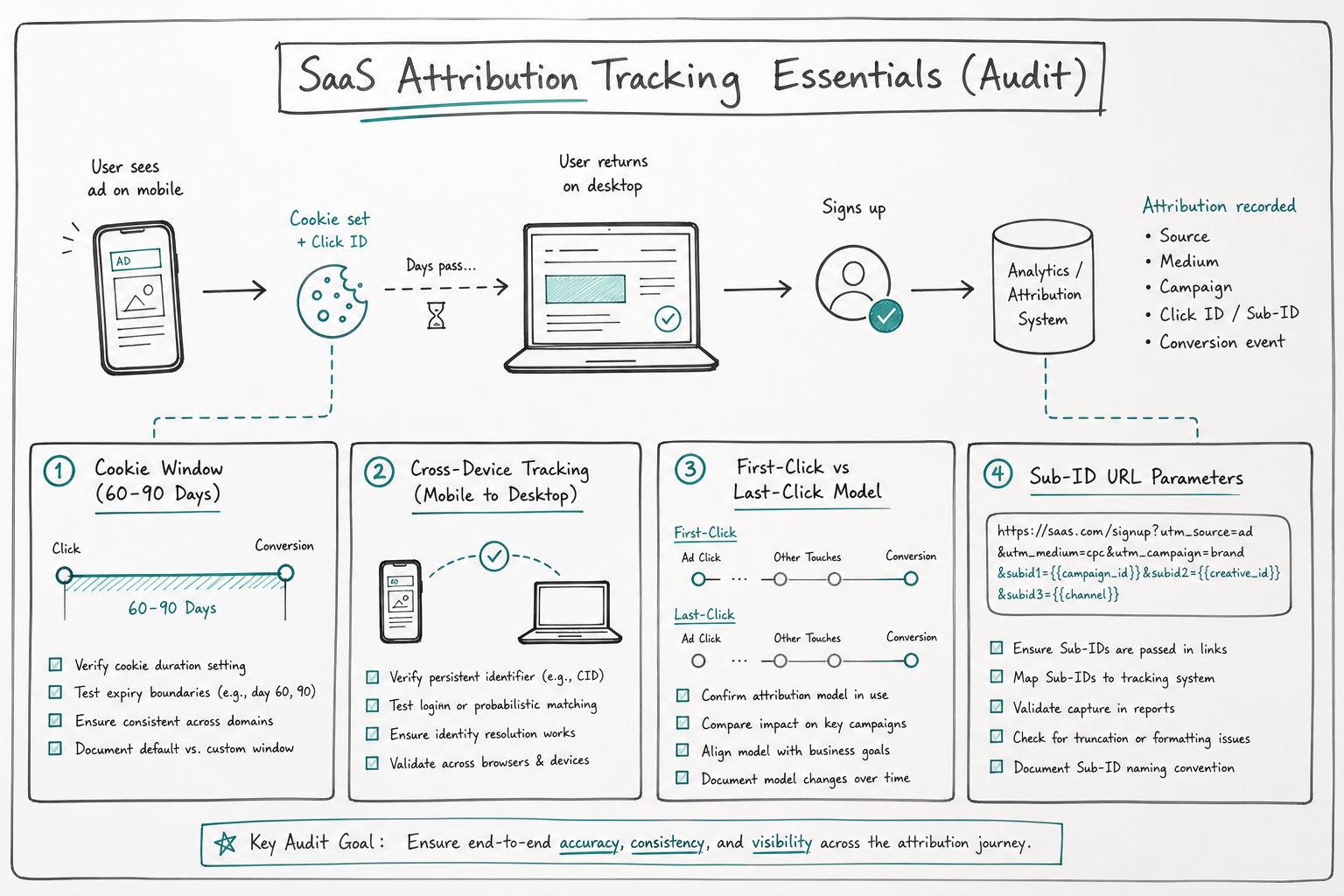 Technical audit diagram illustrating cookie window, cross-device tracking, and attribution models.