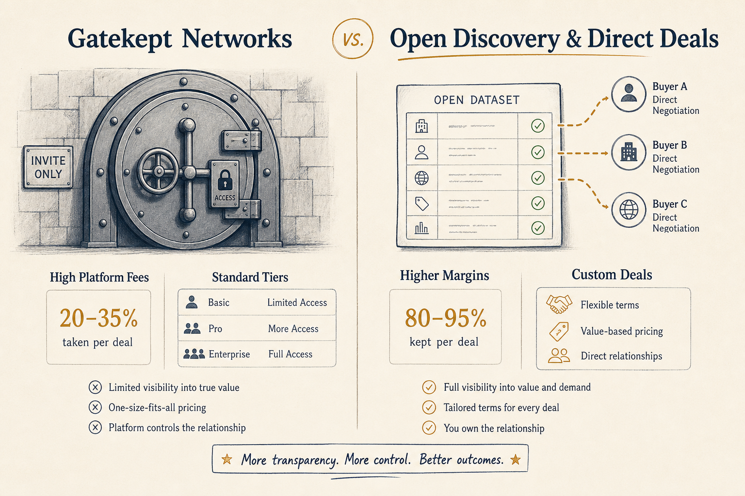 Comparison graphic illustrating the differences between gatekept affiliate networks and direct open partner negotiations.