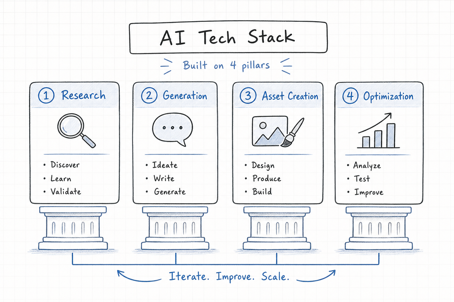 Diagram showing the four pillars of an AI content marketing tech stack: Research, Generation, Asset Creation, and Optimizatio