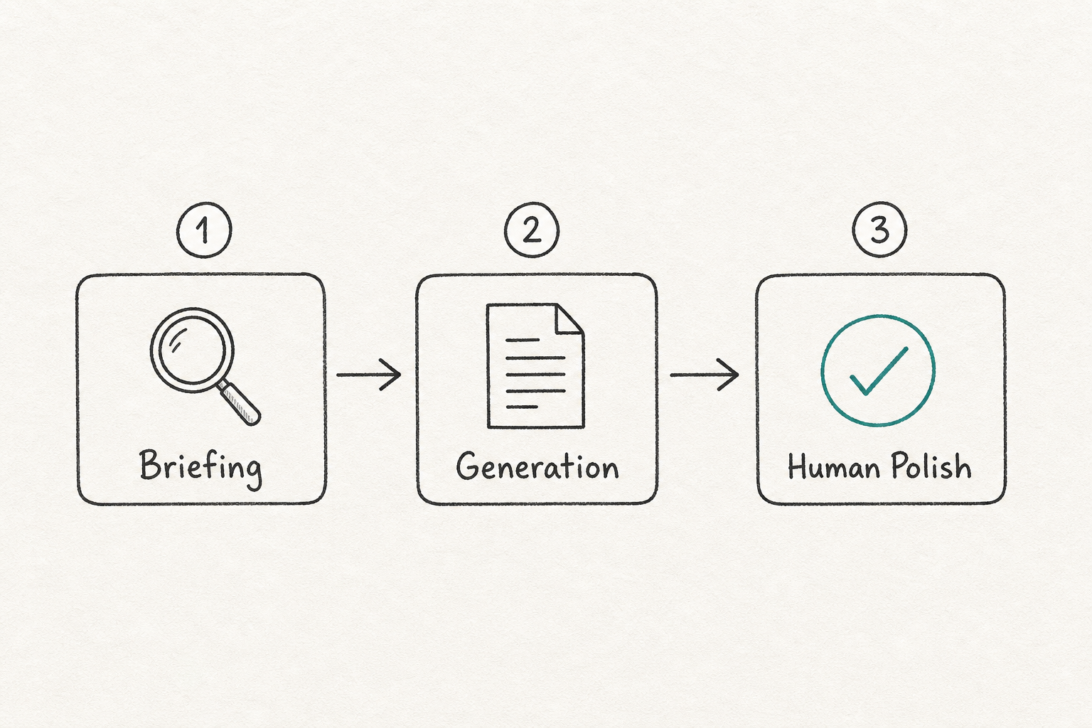 A 3-step workflow diagram for AI content creation showing Briefing, Generation, and Human Polish phases.