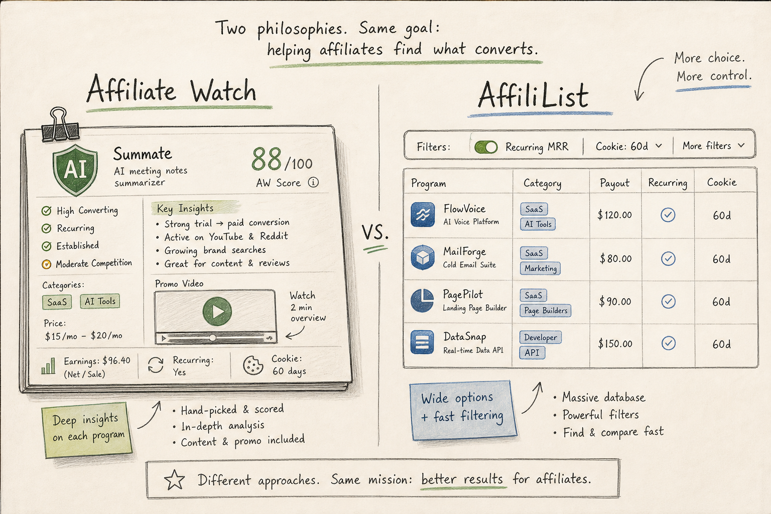 Diagram comparing Affiliate Watch trust scoring and AffiliList SaaS filter interface on a notebook background.