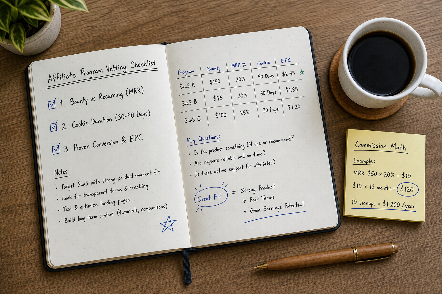 Notebook checklist detailing essential SaaS partner program criteria: commission model, cookie window, and EPC.